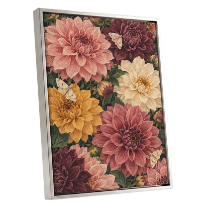 Dahlia Dusk, pink, purple, green floral wall art shown as a silver framed canvas wall art