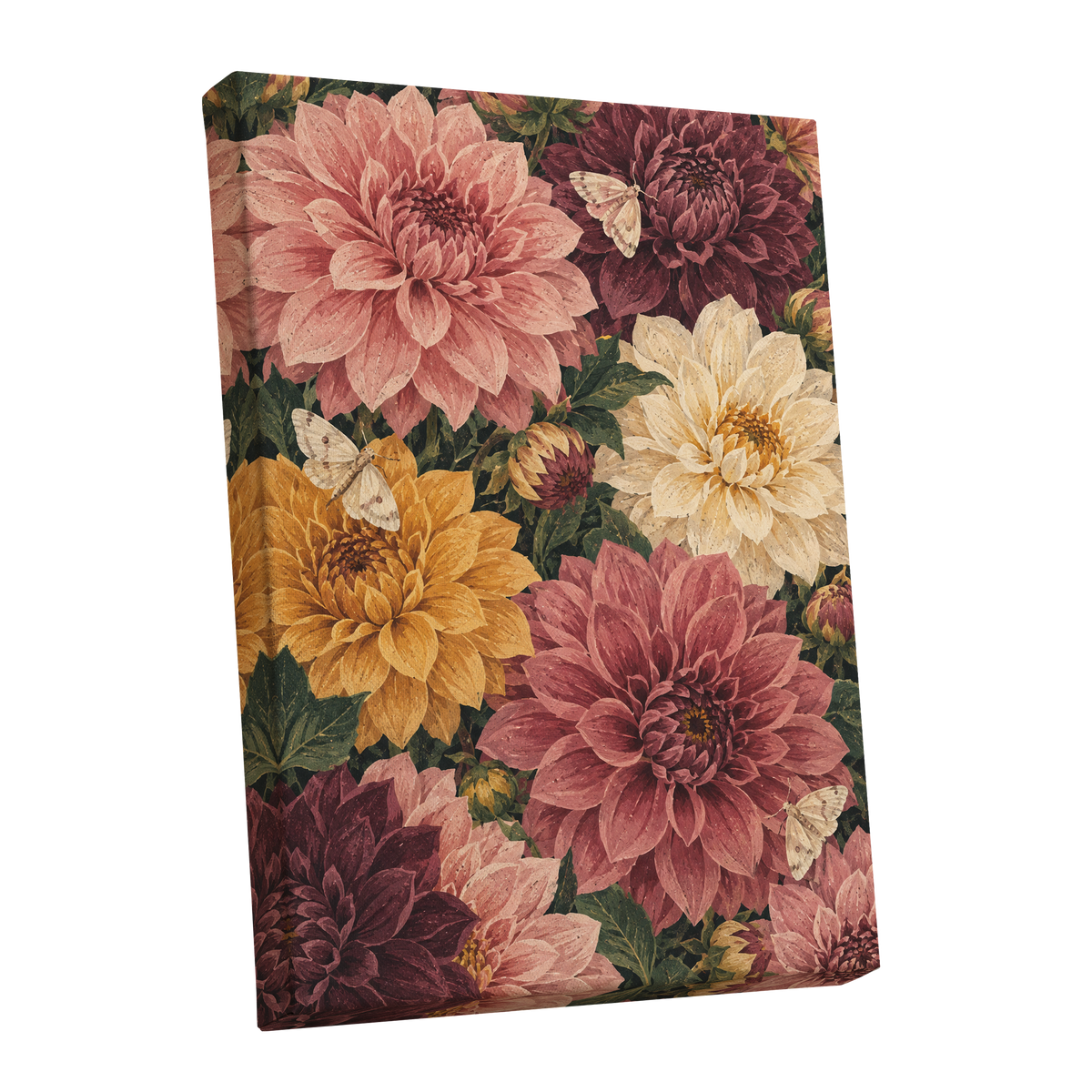 Dahlia Dusk, pink, purple, green floral wall art shown as a stretched canvas wall art