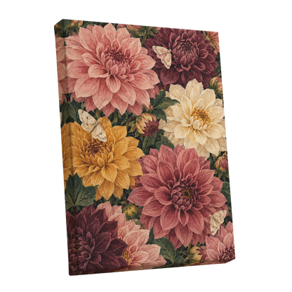 Dahlia Dusk, pink, purple, green floral wall art shown as a stretched canvas wall art