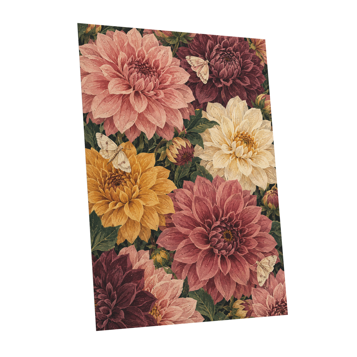 Dahlia Dusk, pink, purple, green floral wall art shown as a unframed poster wall art print