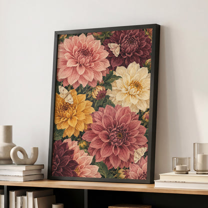 Dahlia Dusk, pink, purple, green floral wall art displayed in a styled interior, gallery view 2