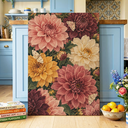 Dahlia Dusk, pink, purple, green floral wall art displayed in a styled interior, gallery view 3