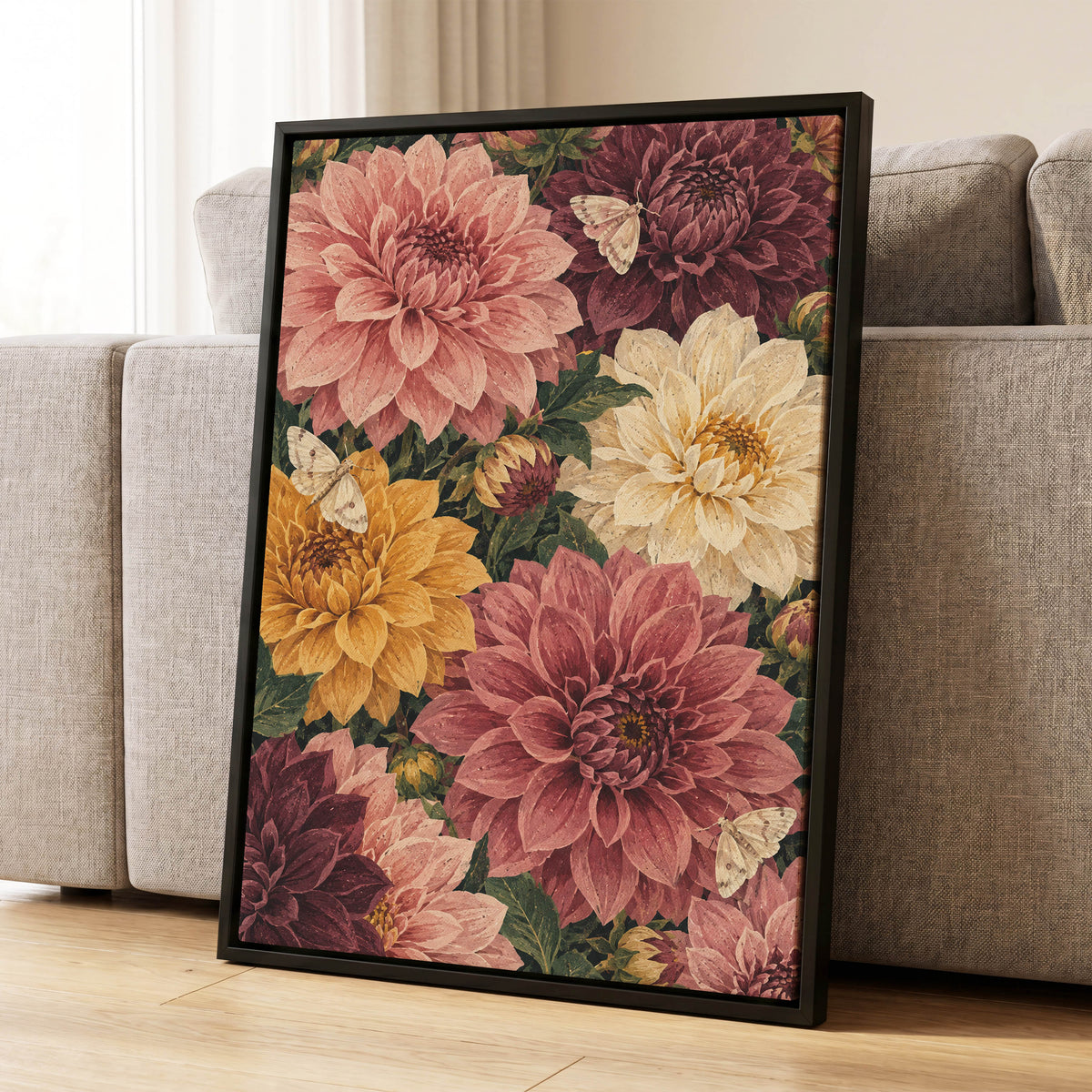 Dahlia Dusk, pink, purple, green floral wall art displayed in a styled interior, gallery view 4