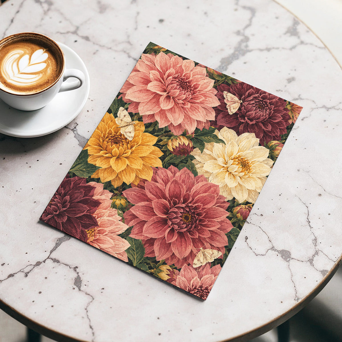 Dahlia Dusk, pink, purple, green floral wall art displayed in a styled interior, gallery view 5