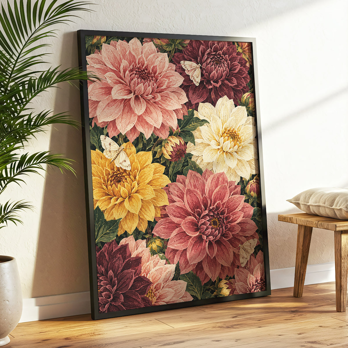 Dahlia Dusk, pink, purple, green floral wall art displayed in a styled interior, gallery view 6