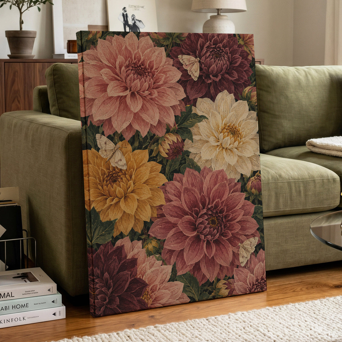 Dahlia Dusk, pink, purple, green floral wall art displayed in a styled interior, gallery view 7
