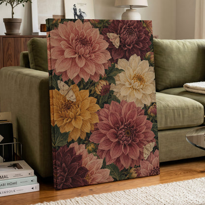 Dahlia Dusk, pink, purple, green floral wall art displayed in a styled interior, gallery view 7