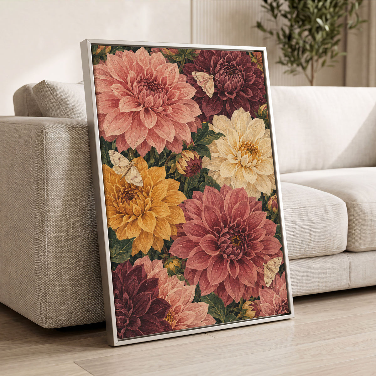 Dahlia Dusk, pink, purple, green floral wall art displayed in a styled interior, gallery view 8