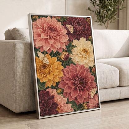 Dahlia Dusk, pink, purple, green floral wall art displayed in a styled interior, gallery view 8