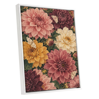 Dahlia Dusk, pink, purple, green floral wall art shown as a white framed canvas wall art