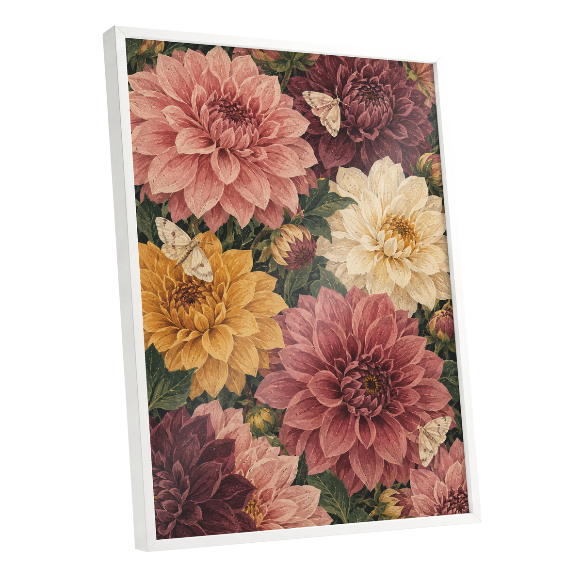 Dahlia Dusk, pink, purple, green floral wall art shown as a white framed poster wall art print