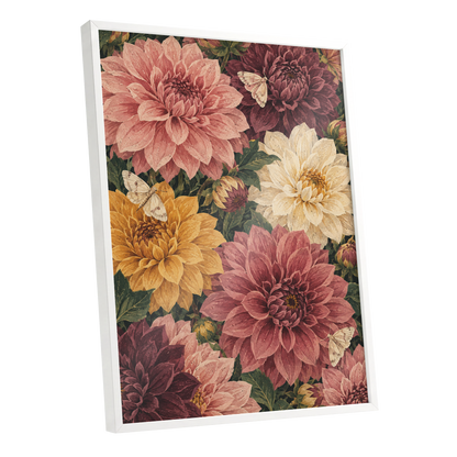 Dahlia Dusk, pink, purple, green floral wall art shown as a white framed poster wall art print