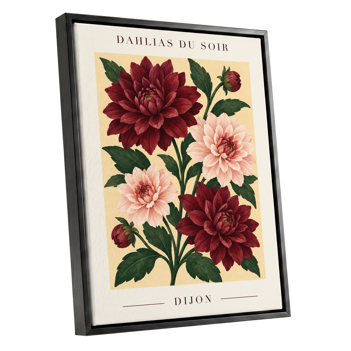 Dahlias of Dijon, red, pink, green floral wall art shown as a black framed canvas wall art