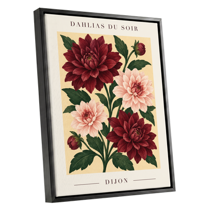 Dahlias of Dijon, red, pink, green floral wall art shown as a black framed canvas wall art