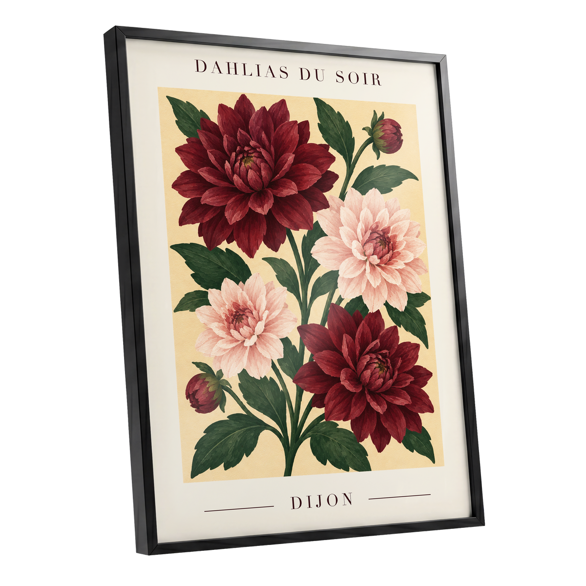 Dahlias of Dijon, red, pink, green floral wall art shown as a black framed poster wall art print