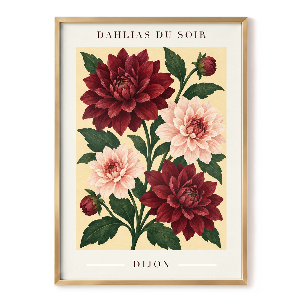 Dahlias of Dijon, red, pink, green floral wall art, front artwork view
