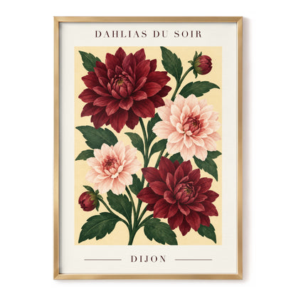 Dahlias of Dijon, red, pink, green floral wall art, front artwork view