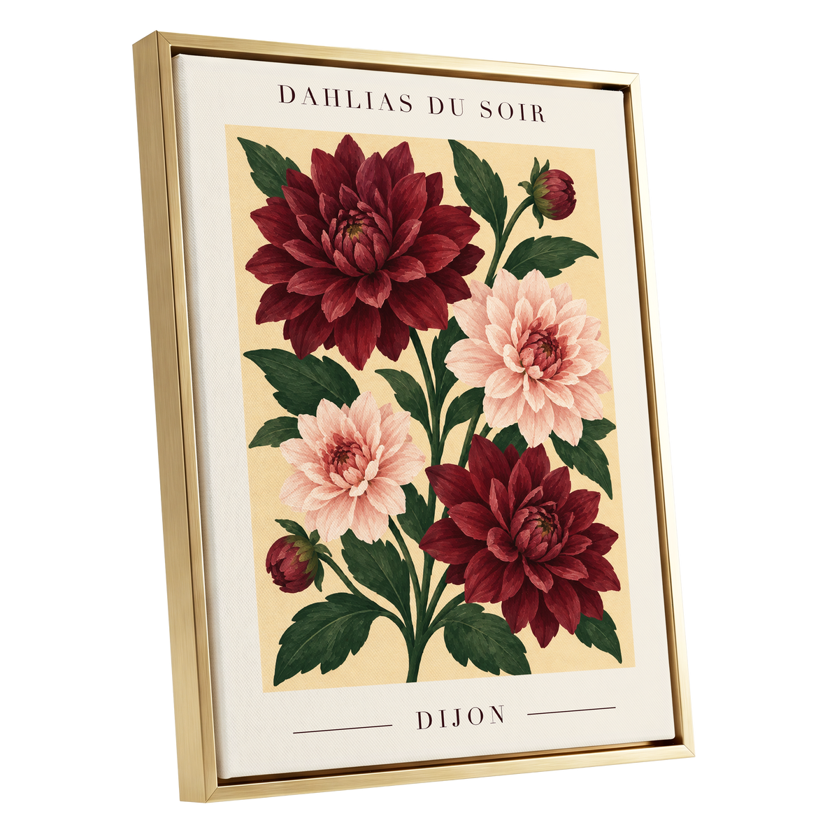 Dahlias of Dijon, red, pink, green floral wall art shown as a gold framed canvas wall art