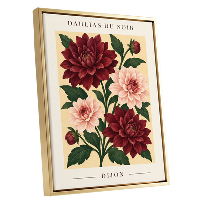Dahlias of Dijon, red, pink, green floral wall art shown as a gold framed canvas wall art