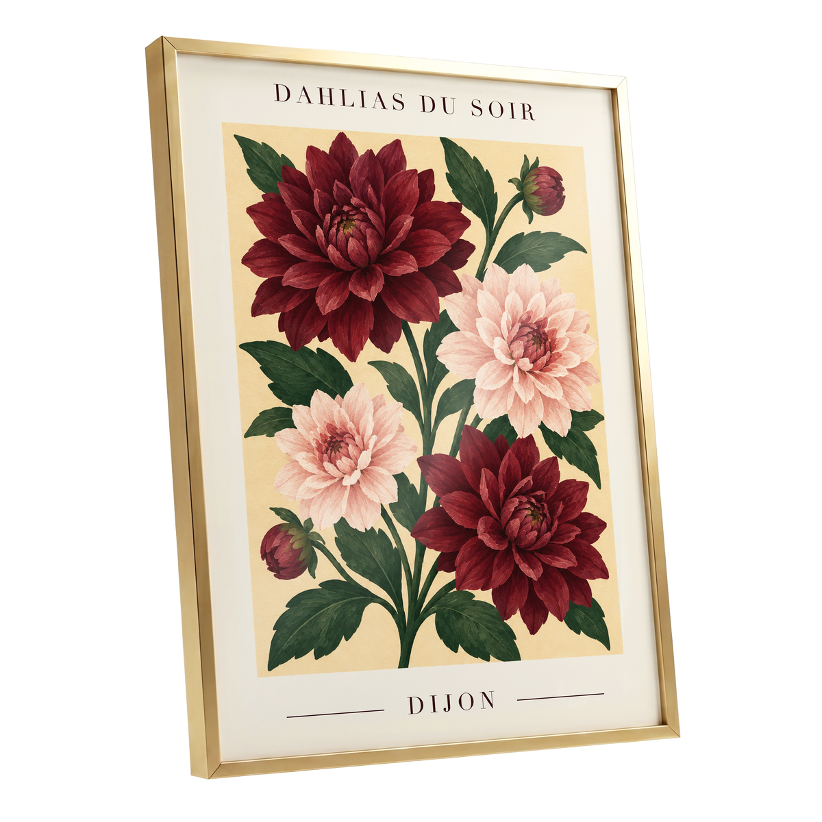 Dahlias of Dijon, red, pink, green floral wall art shown as a gold framed poster wall art print
