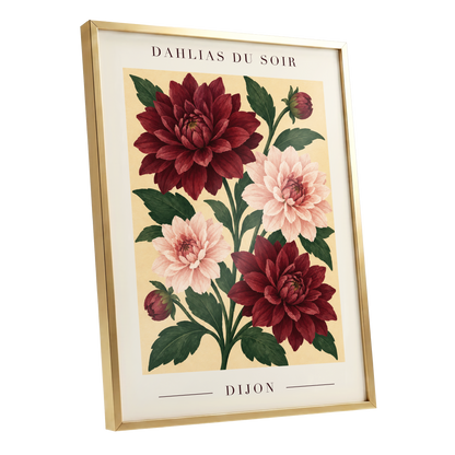 Dahlias of Dijon, red, pink, green floral wall art shown as a gold framed poster wall art print