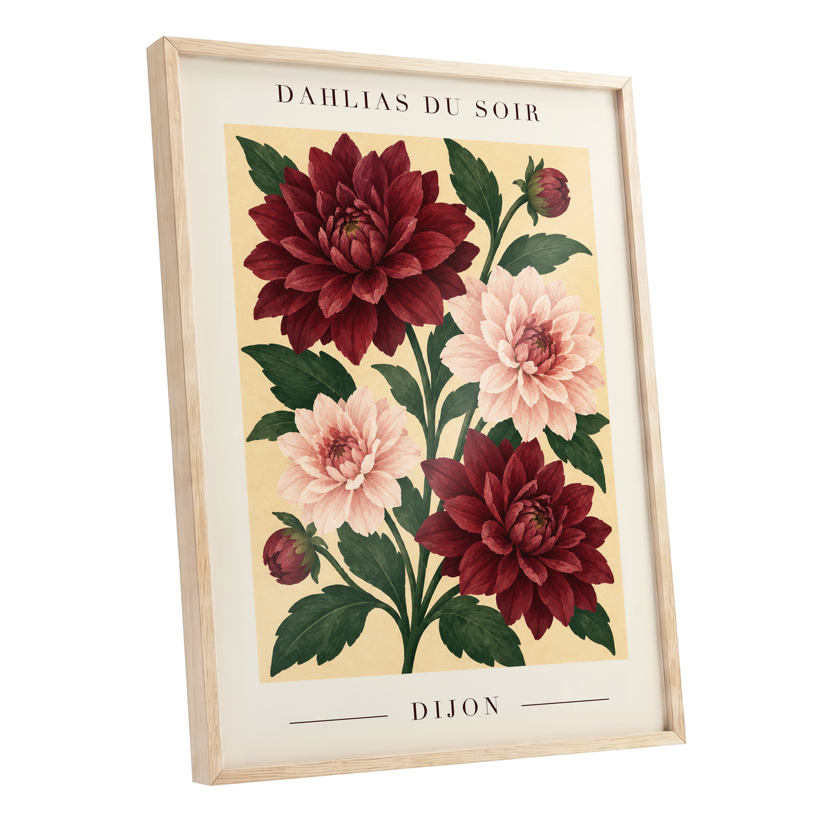 Dahlias of Dijon, red, pink, green floral wall art shown as a oak framed poster wall art print