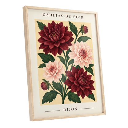 Dahlias of Dijon, red, pink, green floral wall art shown as a oak framed poster wall art print