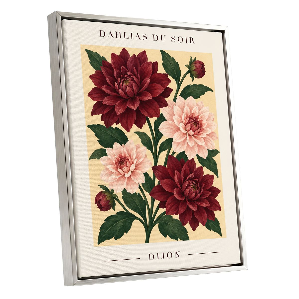Dahlias of Dijon, red, pink, green floral wall art shown as a silver framed canvas wall art