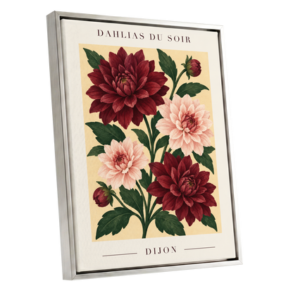 Dahlias of Dijon, red, pink, green floral wall art shown as a silver framed canvas wall art