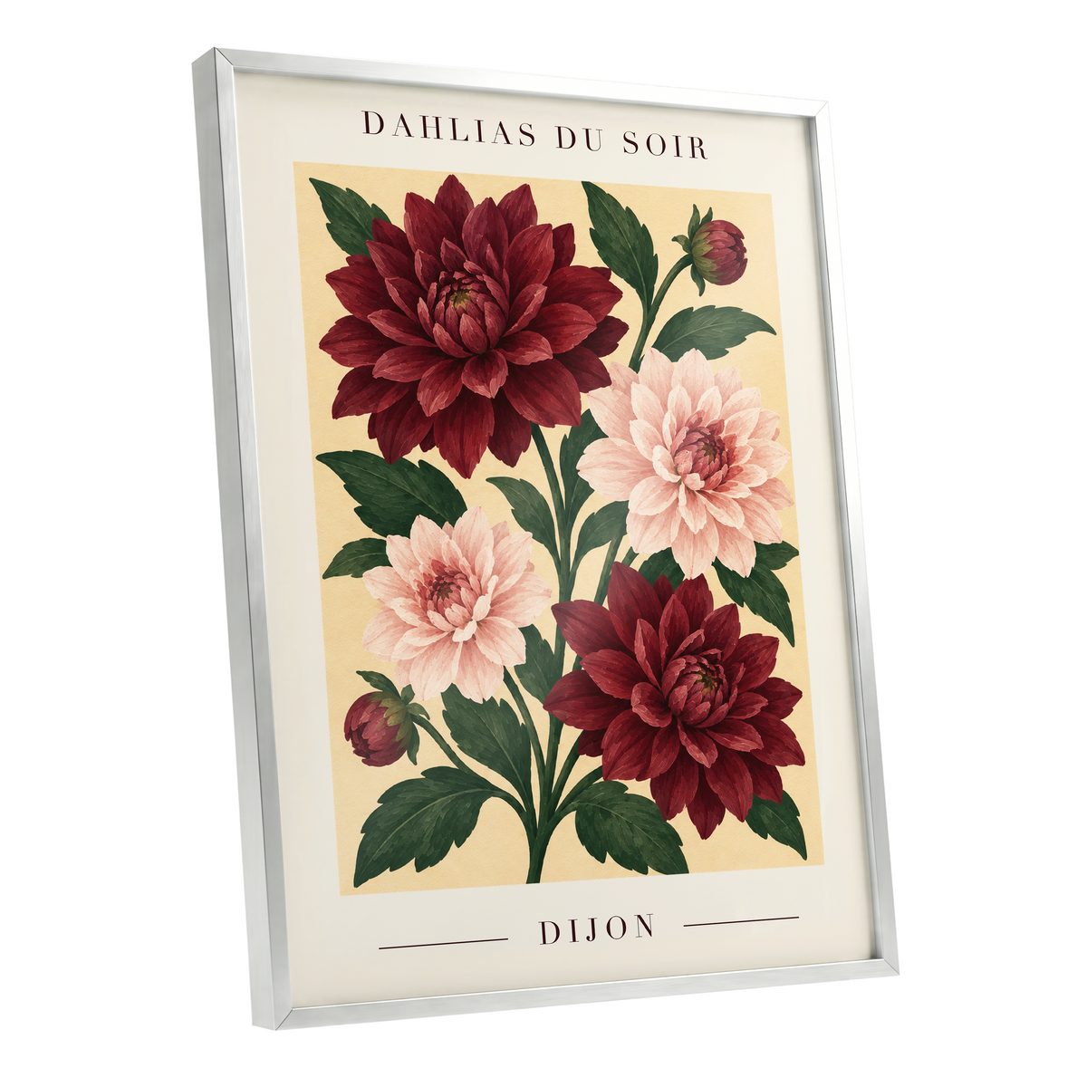 Dahlias of Dijon, red, pink, green floral wall art shown as a silver framed poster wall art print