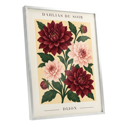 Dahlias of Dijon, red, pink, green floral wall art shown as a silver framed poster wall art print