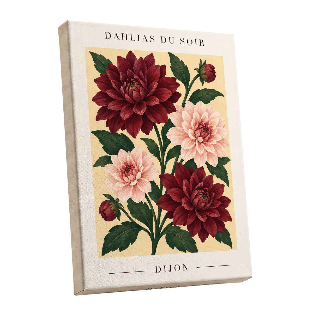Dahlias of Dijon, red, pink, green floral wall art shown as a stretched canvas wall art
