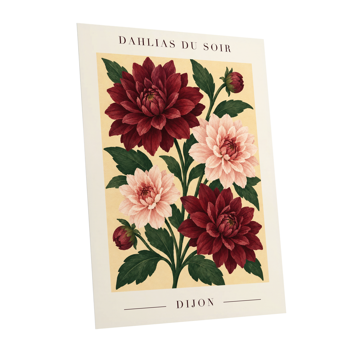 Dahlias of Dijon, red, pink, green floral wall art shown as a unframed poster wall art print
