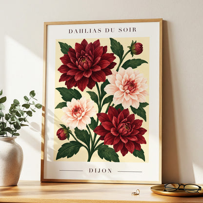 Dahlias of Dijon, red, pink, green floral wall art displayed in a styled interior, gallery view 2