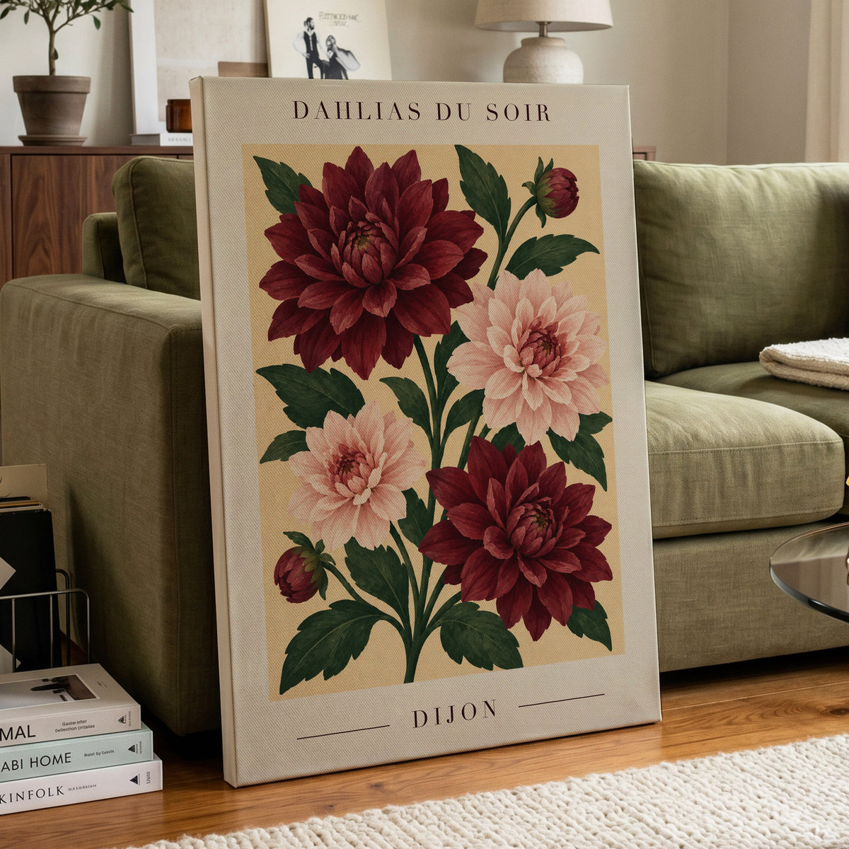Dahlias of Dijon, red, pink, green floral wall art displayed in a styled interior, gallery view 3