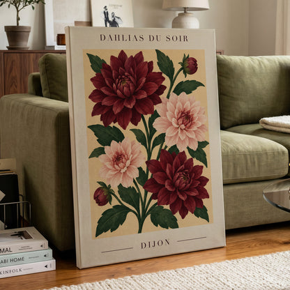 Dahlias of Dijon, red, pink, green floral wall art displayed in a styled interior, gallery view 3