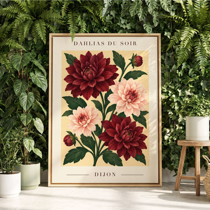 Dahlias of Dijon, red, pink, green floral wall art displayed in a styled interior, gallery view 4