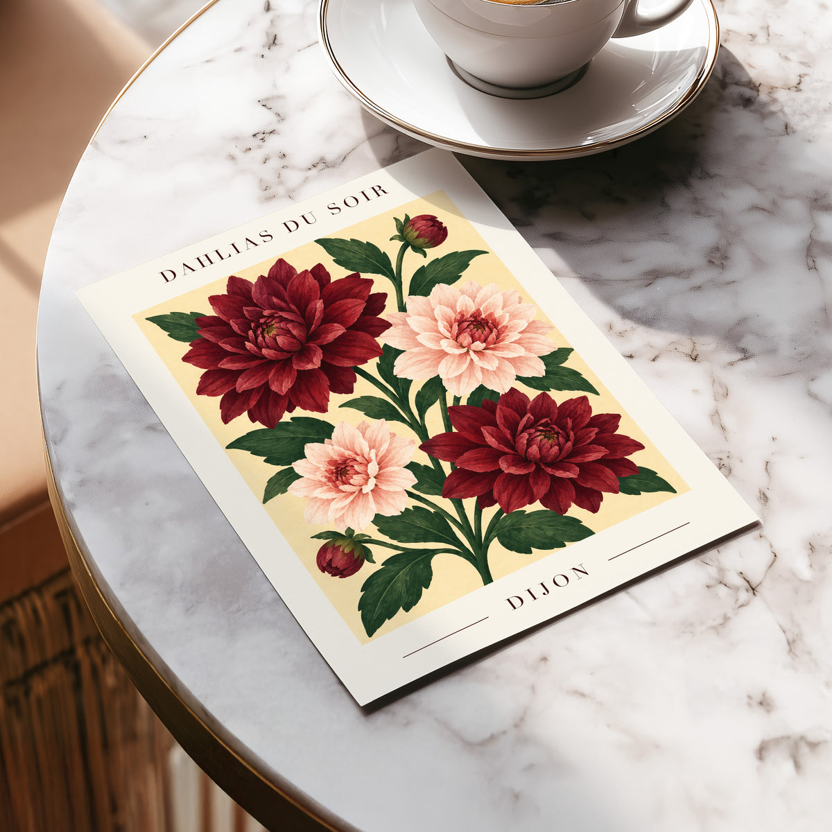 Dahlias of Dijon, red, pink, green floral wall art displayed in a styled interior, gallery view 5