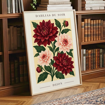 Dahlias of Dijon, red, pink, green floral wall art displayed in a styled interior, gallery view 6