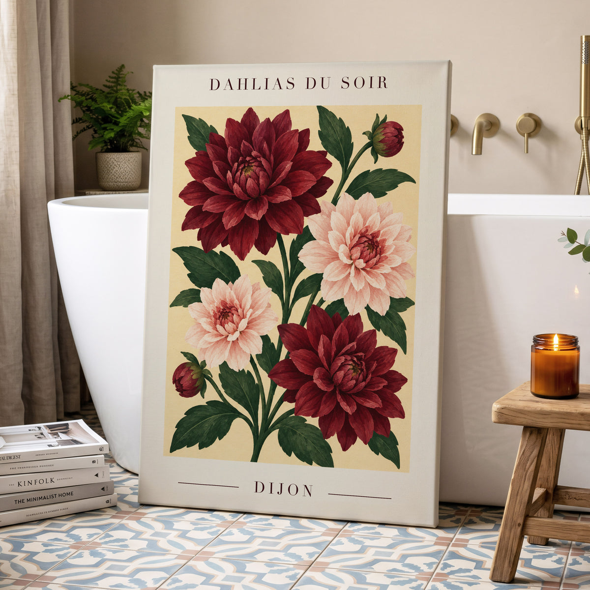 Dahlias of Dijon, red, pink, green floral wall art displayed in a styled interior, gallery view 7