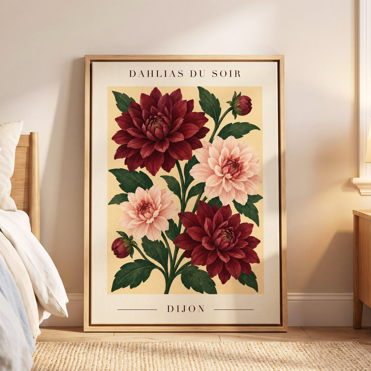 Dahlias of Dijon, red, pink, green floral wall art displayed in a styled interior, gallery view 8