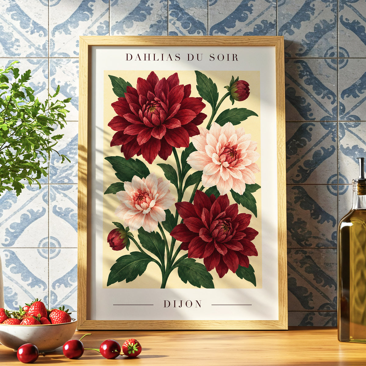 Dahlias of Dijon, red, pink, green floral wall art displayed in a styled interior, gallery view 9