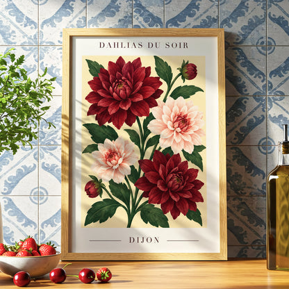 Dahlias of Dijon, red, pink, green floral wall art displayed in a styled interior, gallery view 9