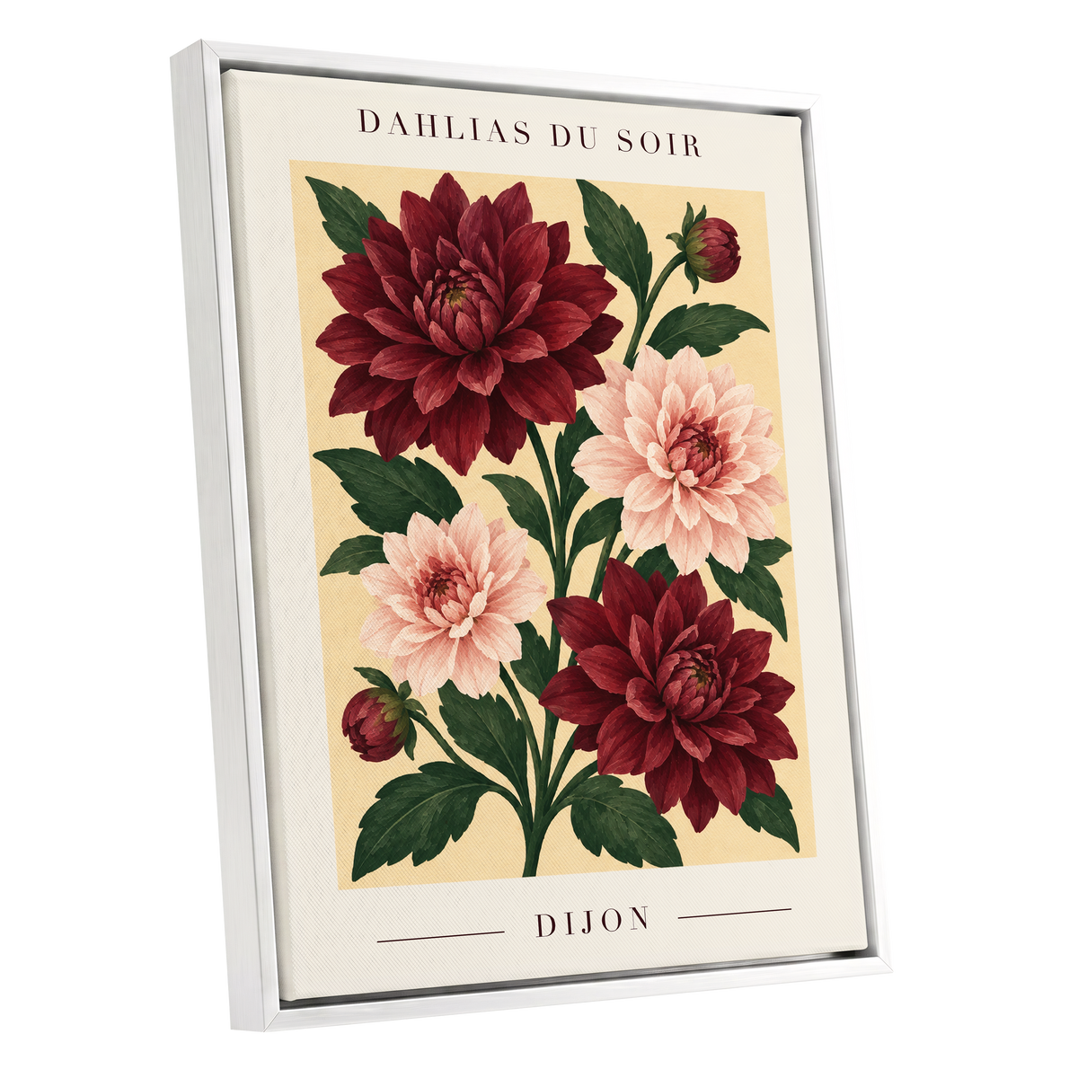Dahlias of Dijon, red, pink, green floral wall art shown as a white framed canvas wall art