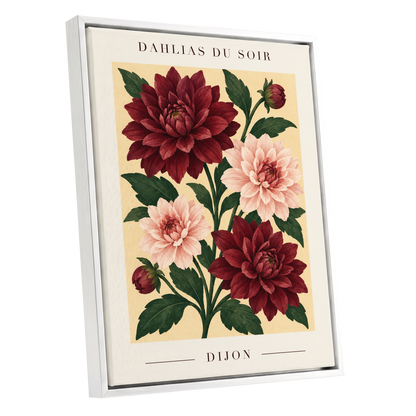 Dahlias of Dijon, red, pink, green floral wall art shown as a white framed canvas wall art