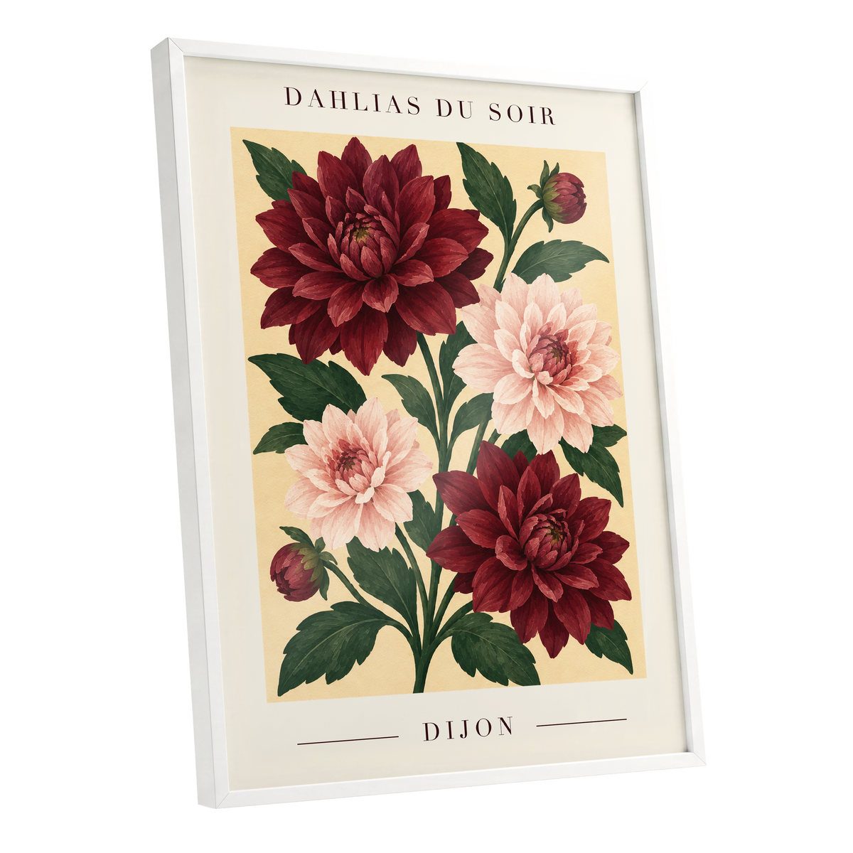 Dahlias of Dijon, red, pink, green floral wall art shown as a white framed poster wall art print