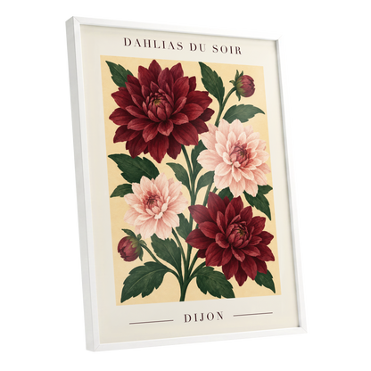 Dahlias of Dijon, red, pink, green floral wall art shown as a white framed poster wall art print