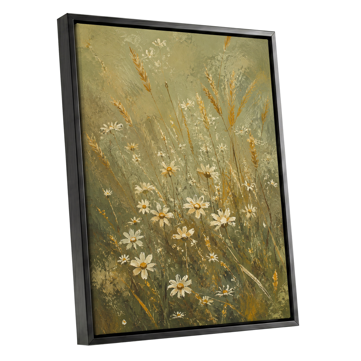 Daisies in the Golden Grass, green, white, beige floral wall art shown as a black framed canvas wall art