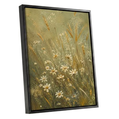 Daisies in the Golden Grass, green, white, beige floral wall art shown as a black framed canvas wall art