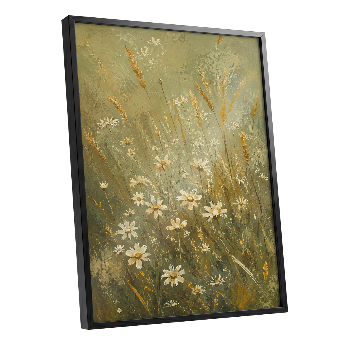 Daisies in the Golden Grass, green, white, beige floral wall art shown as a black framed poster wall art print
